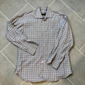 Robert Talbott Estate Classic Blue Orange Micro Check Casual Dress Shirt Medium